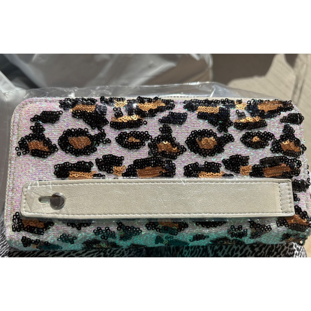 Brentano White Leopard Sequin Double Zip Wallet Clutch NWT
